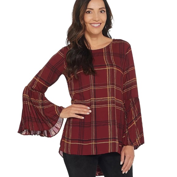 Susan Graver Burgundy Plaid Pleated sleeves chiffon blouse Size 18W - Picture 6 of 9